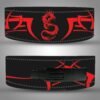 Black leather belt with red dragon design, double stitching—Custom Dragon Weightlifting Belt front view.