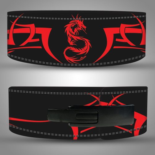 Black leather belt with red dragon design, double stitching—Custom Dragon Weightlifting Belt front view.