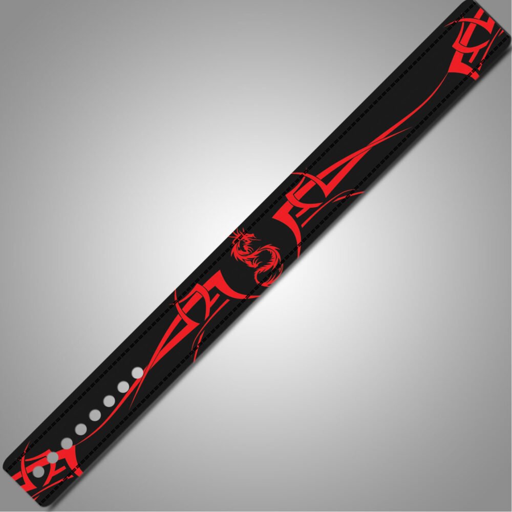 Close-up of matte black lever buckle and stitching on Custom Dragon Weightlifting Belt