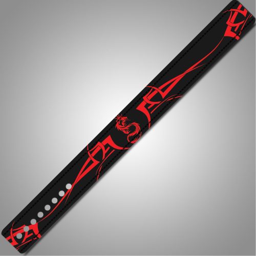 Close-up of matte black lever buckle and stitching on Custom Dragon Weightlifting Belt