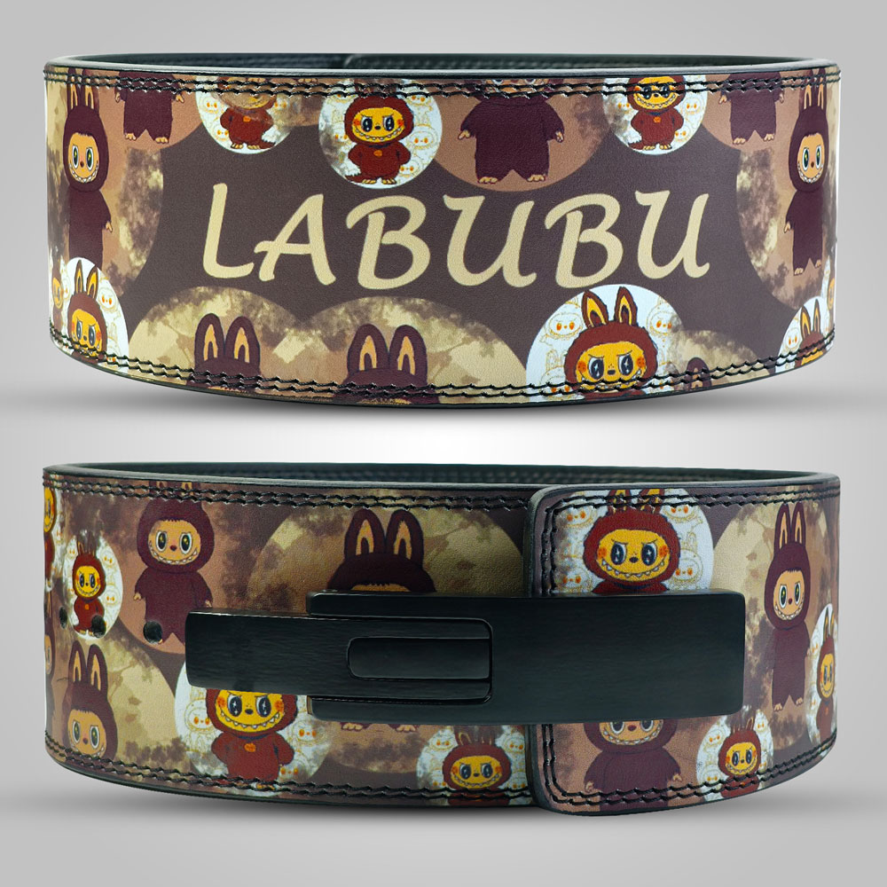 Weightlifter using Labubu weightlifting belt during heavy squat with lever buckle and double stitching