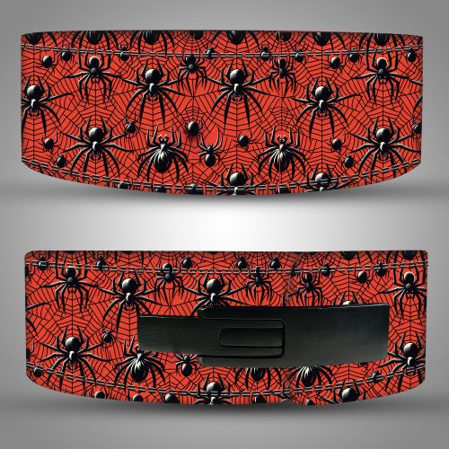 Spider Web weightlifting belt with orange web design, lever buckle, double stitching, high quality leather