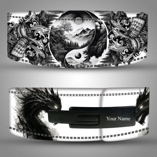 White leather weightlifting belt with yin‑yang mountain landscape and samurai‑inspired armor artwork in black ink