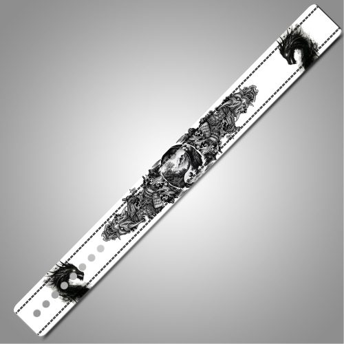 White weightlifting belt featuring a fierce black dragon design and a black buckle with customizable nameplate