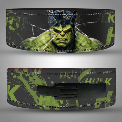 Hulk weightlifting belt front view with peel‑resistant superhero graphic