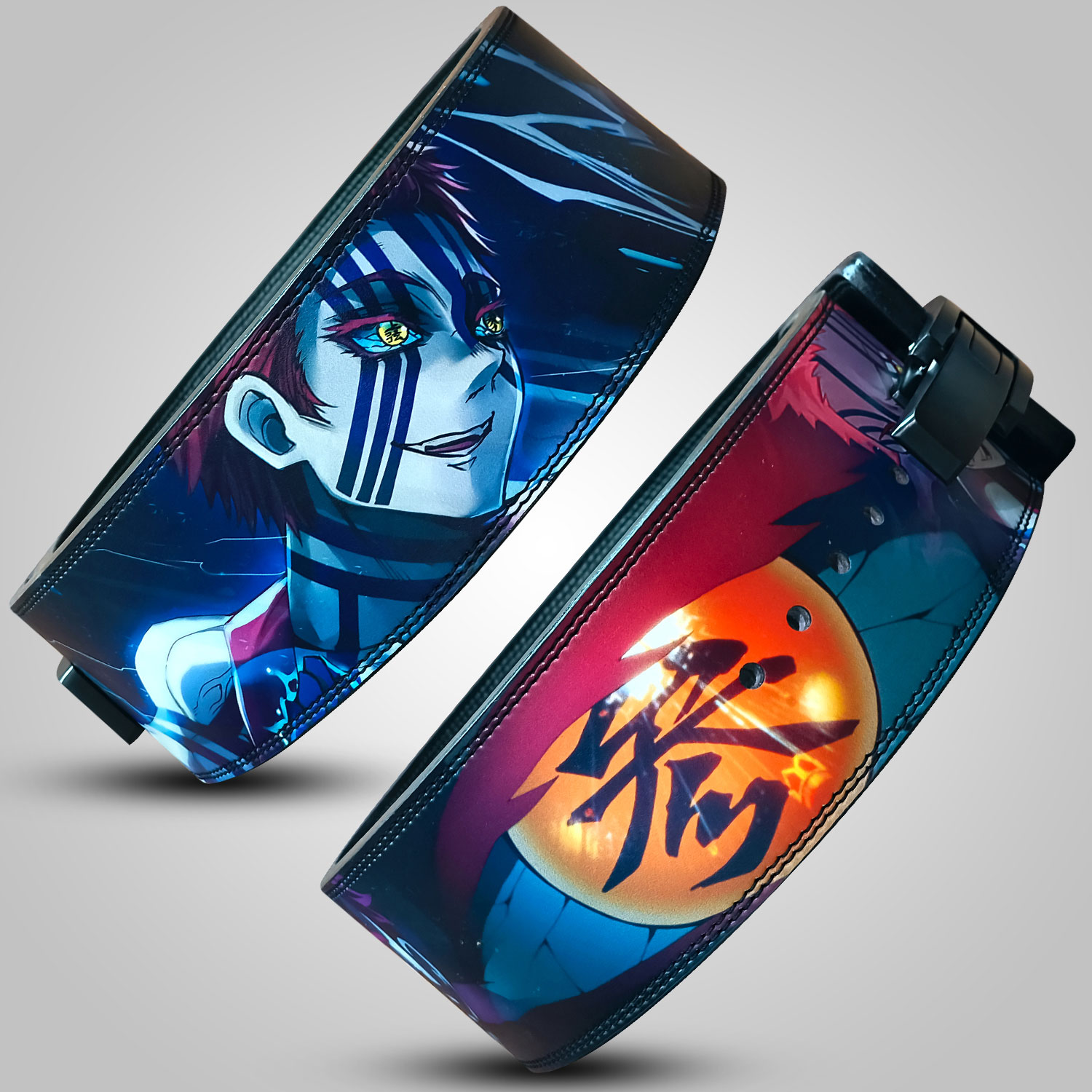 Custom anime weightlifting belt featuring Akaza artwork, durable leather design with lever buckle.