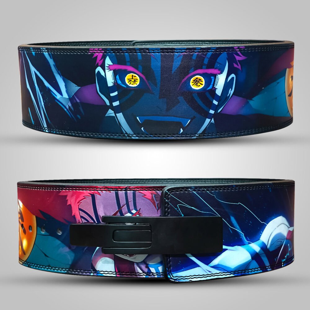 Black leather weightlifting belt with Akaza anime design for powerlifting and gym workouts.