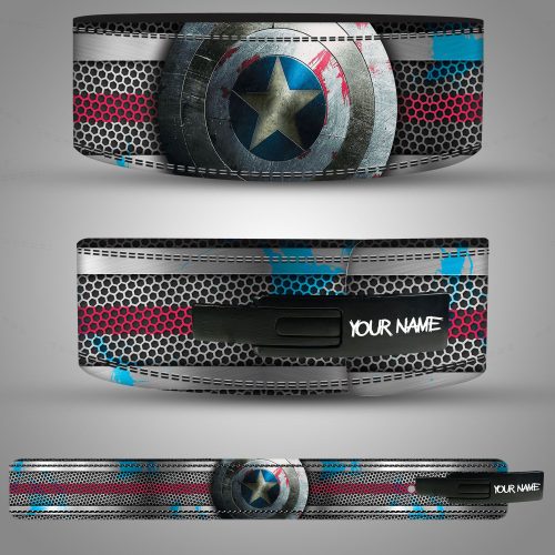 Captain America shield design weightlifting belt with battle-worn metallic finish and custom name option.