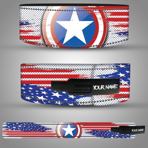 Captain America themed weightlifting belt with USA flag design and custom name option.