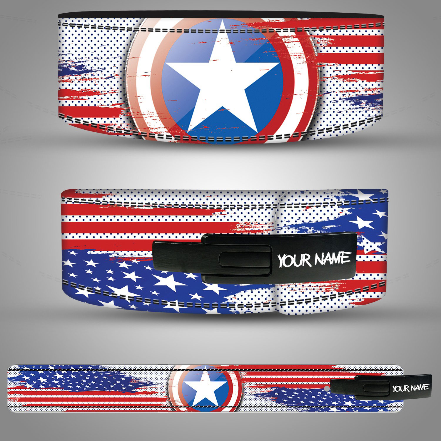 Captain America themed weightlifting belt with USA flag design and custom name option.