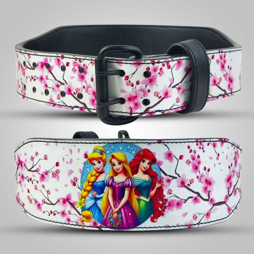 White leather weightlifting belt with pink cherry blossom design and three princess characters.