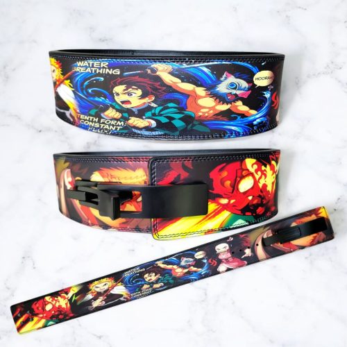 Demon Slayer Anime Weightlifting Belt – leather lever belt with Tanjiro, Nezuko, Inosuke, and Rengoku design