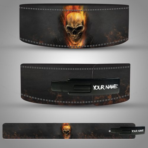Black leather weightlifting belt featuring a fiery flaming skull design with customizable name plate.