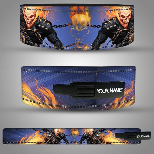 Ghost Rider-themed weightlifting belt with fiery skulls, chains, and customizable name plate.