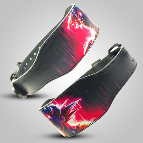 Premium black leather weightlifting belt with neon Goku anime artwork for gym and powerlifting.