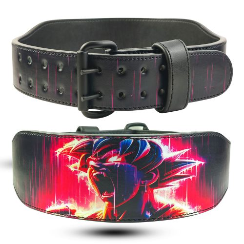 Black leather weightlifting belt featuring a vibrant Goku anime artwork with glowing neon colors