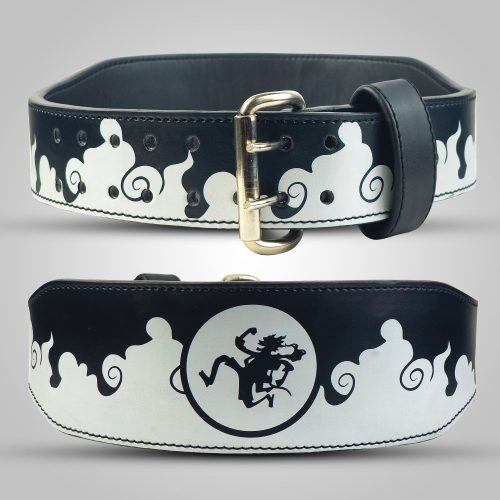 Black leather weightlifting belt with white smoke-style design and anime character Luffy.