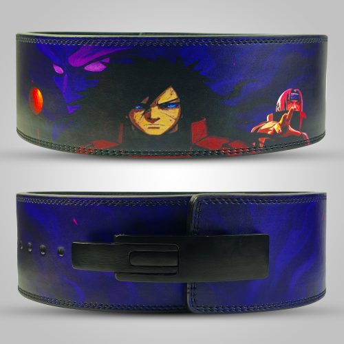 Madara Uchiha lifting belt with anime design, premium leather, and lever buckle for heavy lifting.