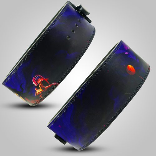 Custom weightlifting belt featuring Madara Uchiha artwork, durable leather construction, and powerlifting support.