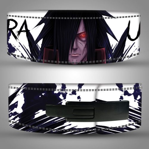Madara Uchiha weightlifting belt with anime-inspired design and premium leather.