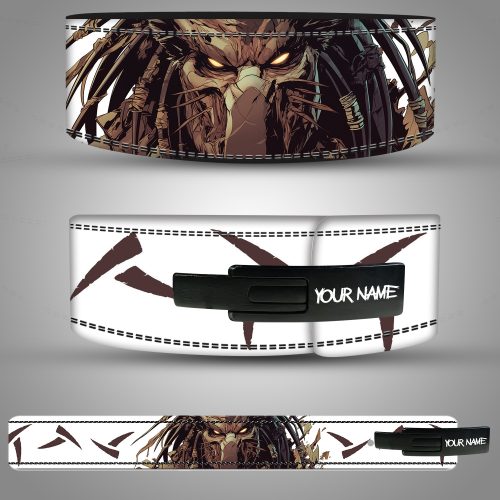 Predator-themed leather weightlifting belt with fierce warrior face design and customizable name plate.