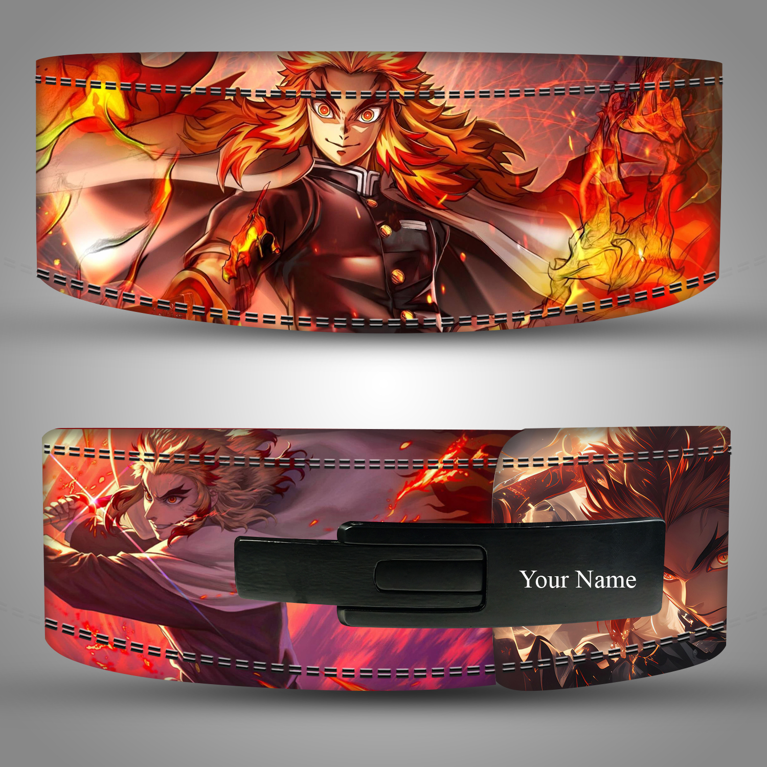 Rengoku Weightlifting Belt – custom leather lever belt with flame design and name option