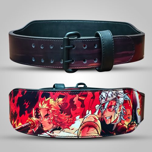 Black leather weightlifting belt featuring fiery Rengoku and Tengen anime artwork for gym and powerlifting.