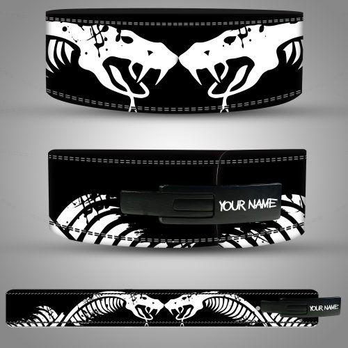 Black leather weightlifting belt with white snake skull and fangs design, customizable name plate.