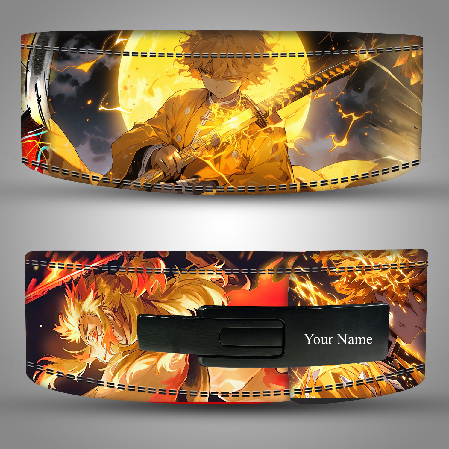 Zenitsu and Rengoku Anime Weightlifting Belt – custom leather lever gym belt with lightning and flame design