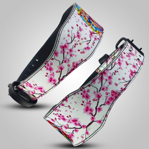White leather weightlifting belt with pink cherry blossom design and three princess characters.