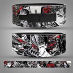 Berserk-themed leather weightlifting belt featuring Guts and dark manga artwork in black, white, and red tones.