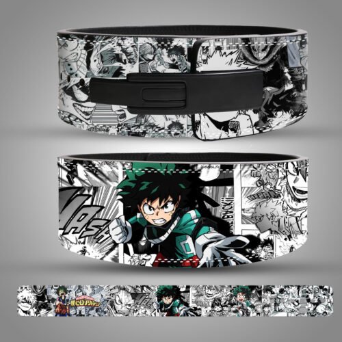 My Hero Academia weightlifting belt featuring Deku in action with manga panel background and black SBD-style buckle.