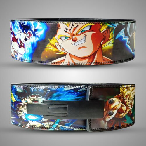 Dragon Ball Goku and Vegeta weightlifting belt featuring dynamic anime artwork and heavy-duty black lever buckle.