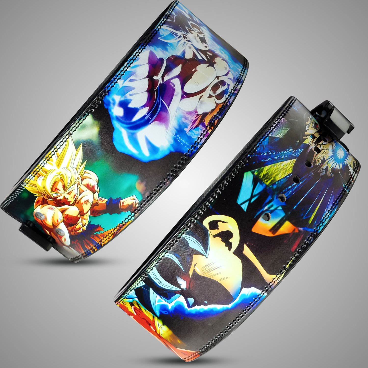 Anime gym belt with Goku and Vegeta in Super Saiyan and Ultra Instinct forms, detailed design, and durable lever buckle.