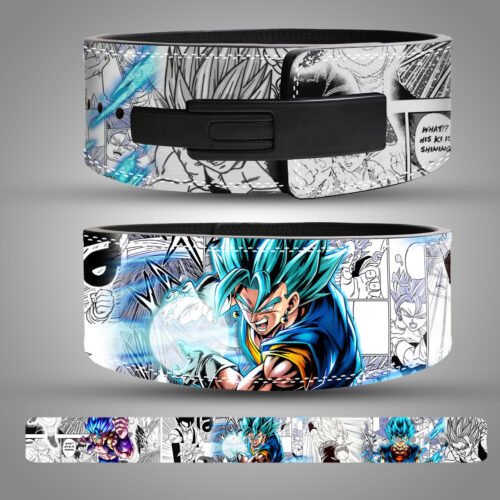 Anime weightlifting belt featuring Gogeta with blue Super Saiyan energy and manga background design.