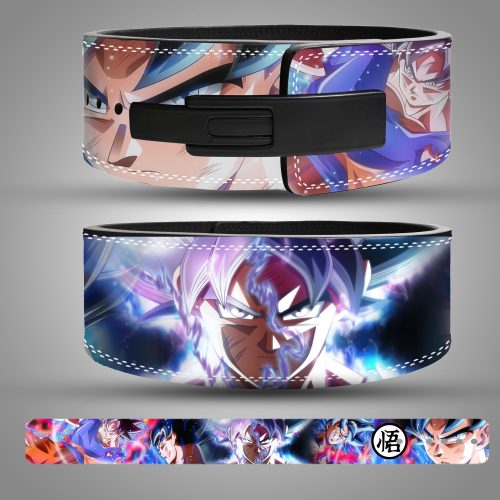 Goku Anime Weightlifting Belt featuring Ultra Instinct and Super Saiyan designs with vibrant colors and detailed artwork.