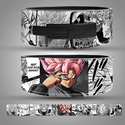 Goku Black Anime Weightlifting Belt featuring pink-haired Goku Black design with manga-style background and bold black stitching.