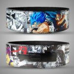 Goku and Vegeta anime weightlifting belt with detailed Dragon Ball artwork on premium leather