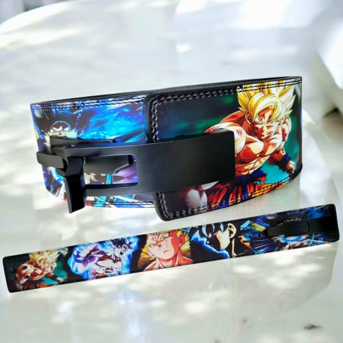 Custom Saiyan Weightlifting Belt with Goku and Vegeta design, lever buckle, and powerlifting support.
