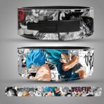 Dragon Ball weightlifting belt featuring Goku and Vegeta artwork with vibrant anime design and durable lever buckle.