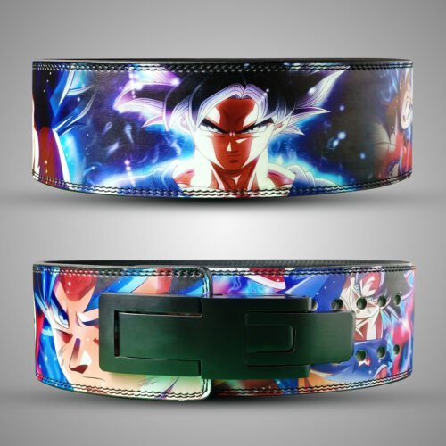 Custom Goku anime gym belt featuring Ultra Instinct and Super Saiyan Blue designs with durable lever buckle.