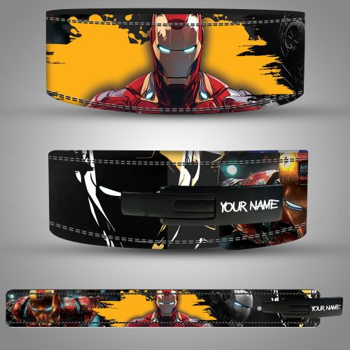 Iron Man weightlifting belt made from premium leather with red and gold superhero design and lever buckle.