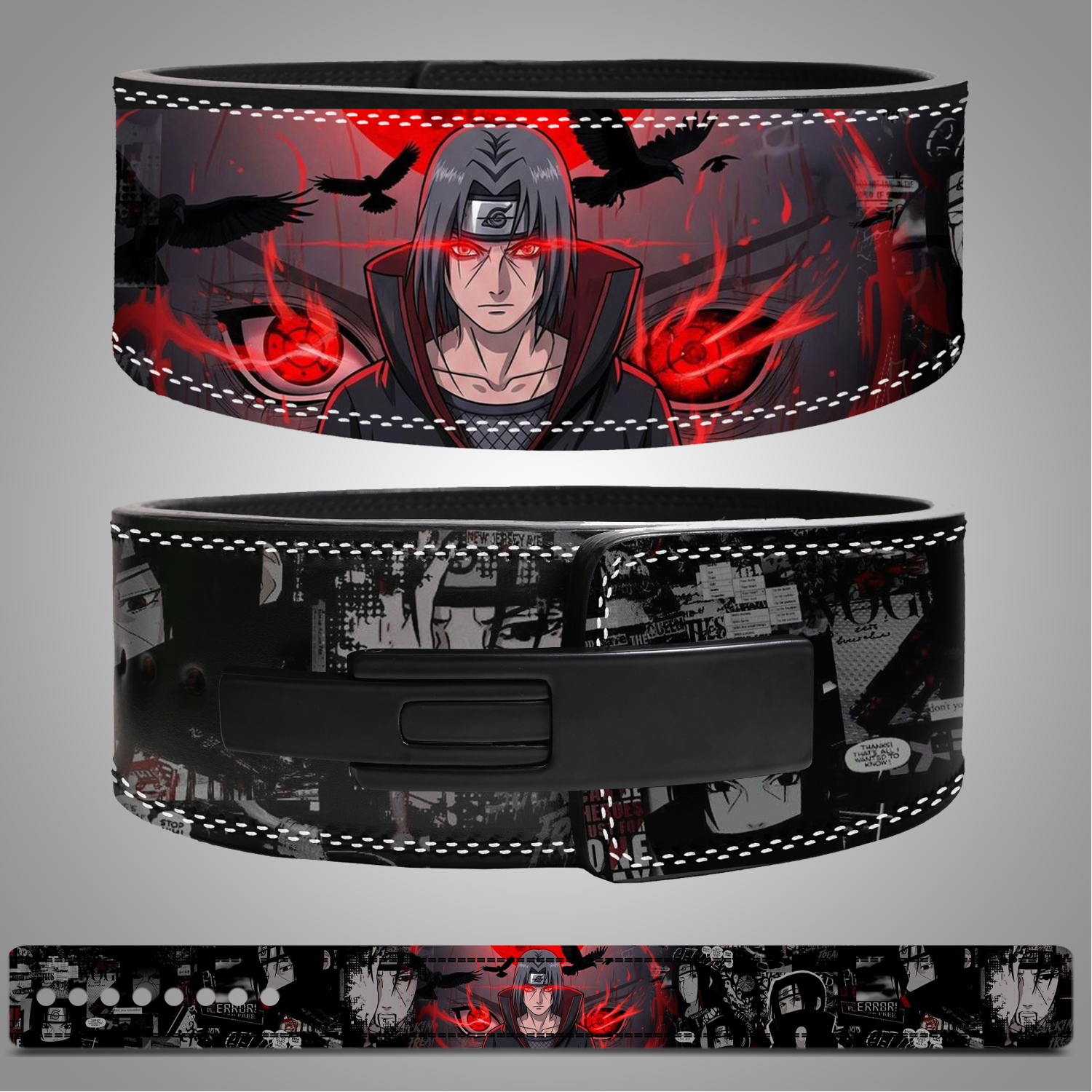 Itachi Uchiha custom anime weightlifting belt with red and black Akatsuki design.
