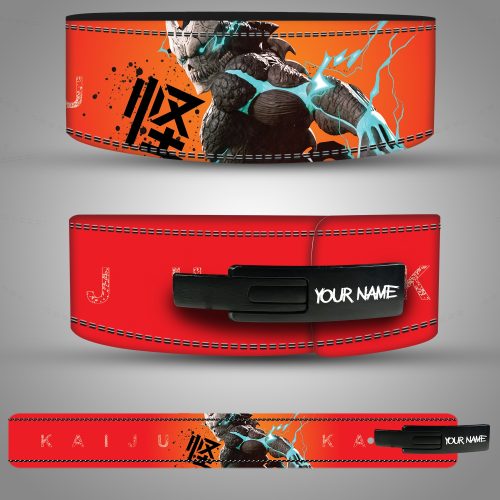 Kaiju-themed custom leather weightlifting belt with electric blue monster design on red and orange background.