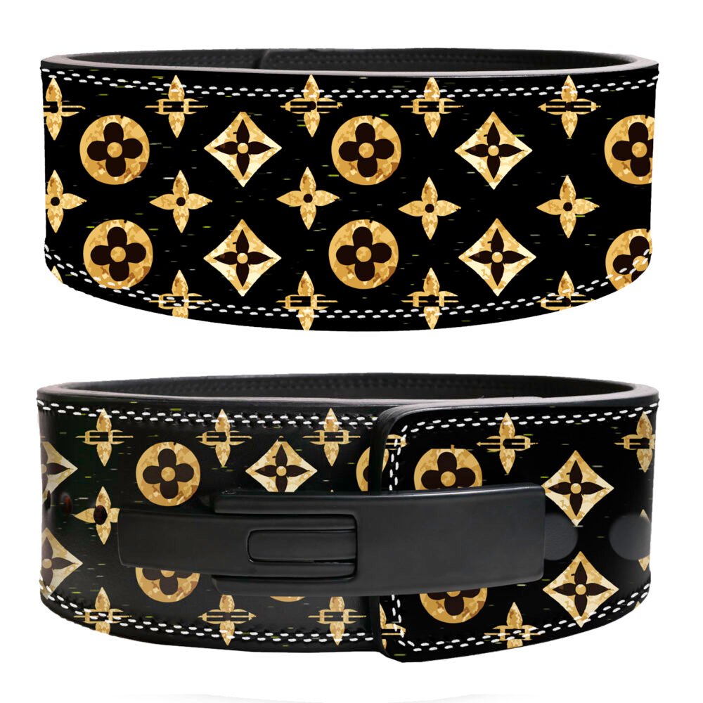 Luxury black and gold LV pattern leather weightlifting belt with lever buckle.