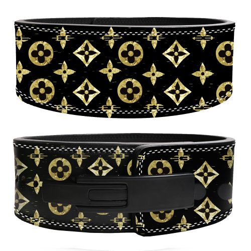 Luxury black and gold LV pattern leather weightlifting belt with lever buckle.