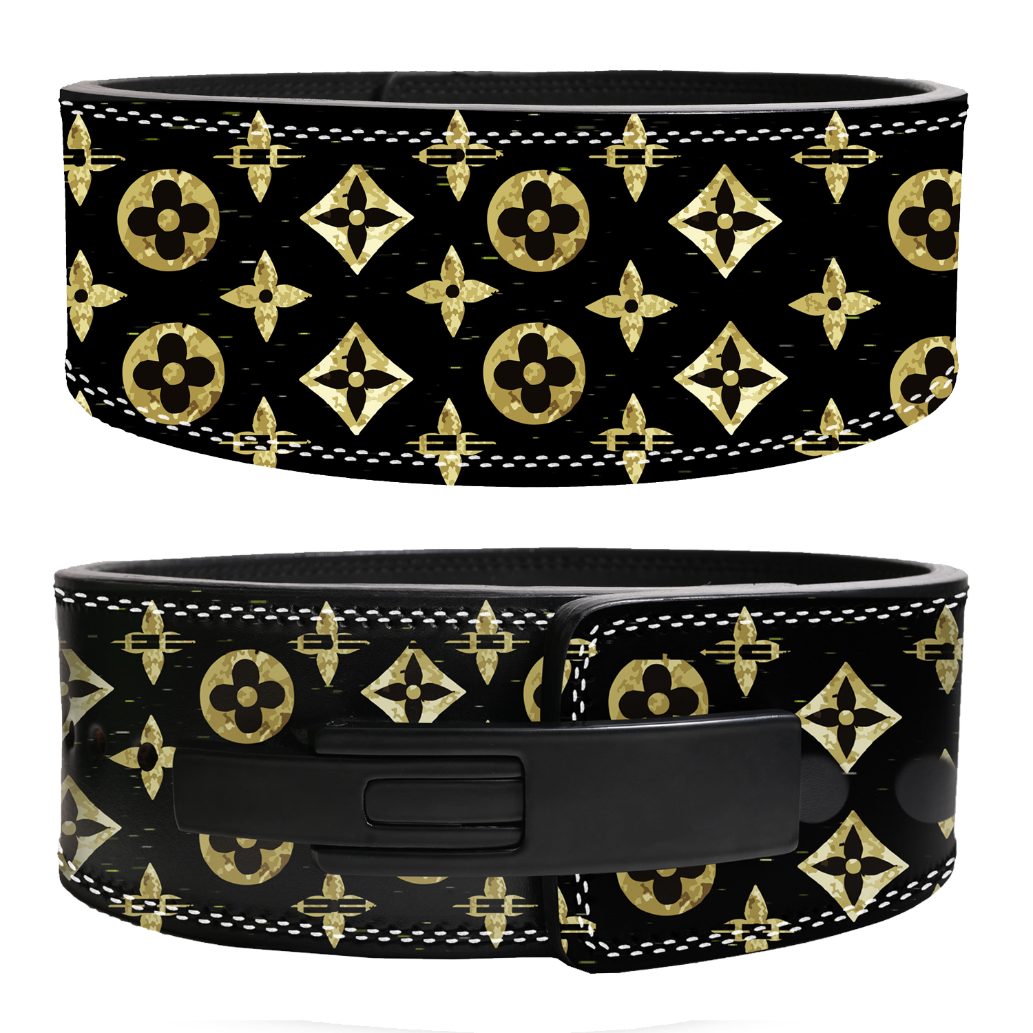Luxury black and gold LV pattern leather weightlifting belt with lever buckle.