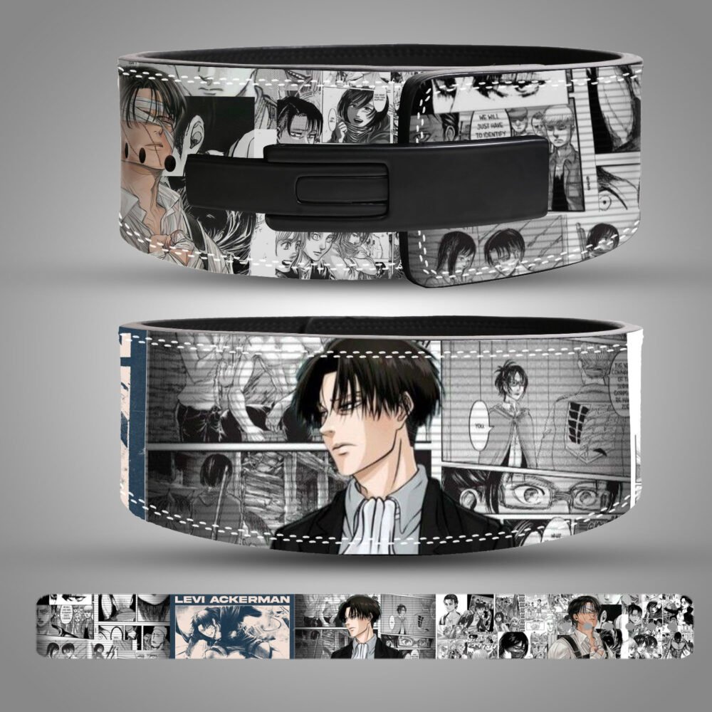 Levi Ackerman anime leather weightlifting belt featuring Attack on Titan manga design with durable lever buckle for gym, powerlifting, and bodybuilding.