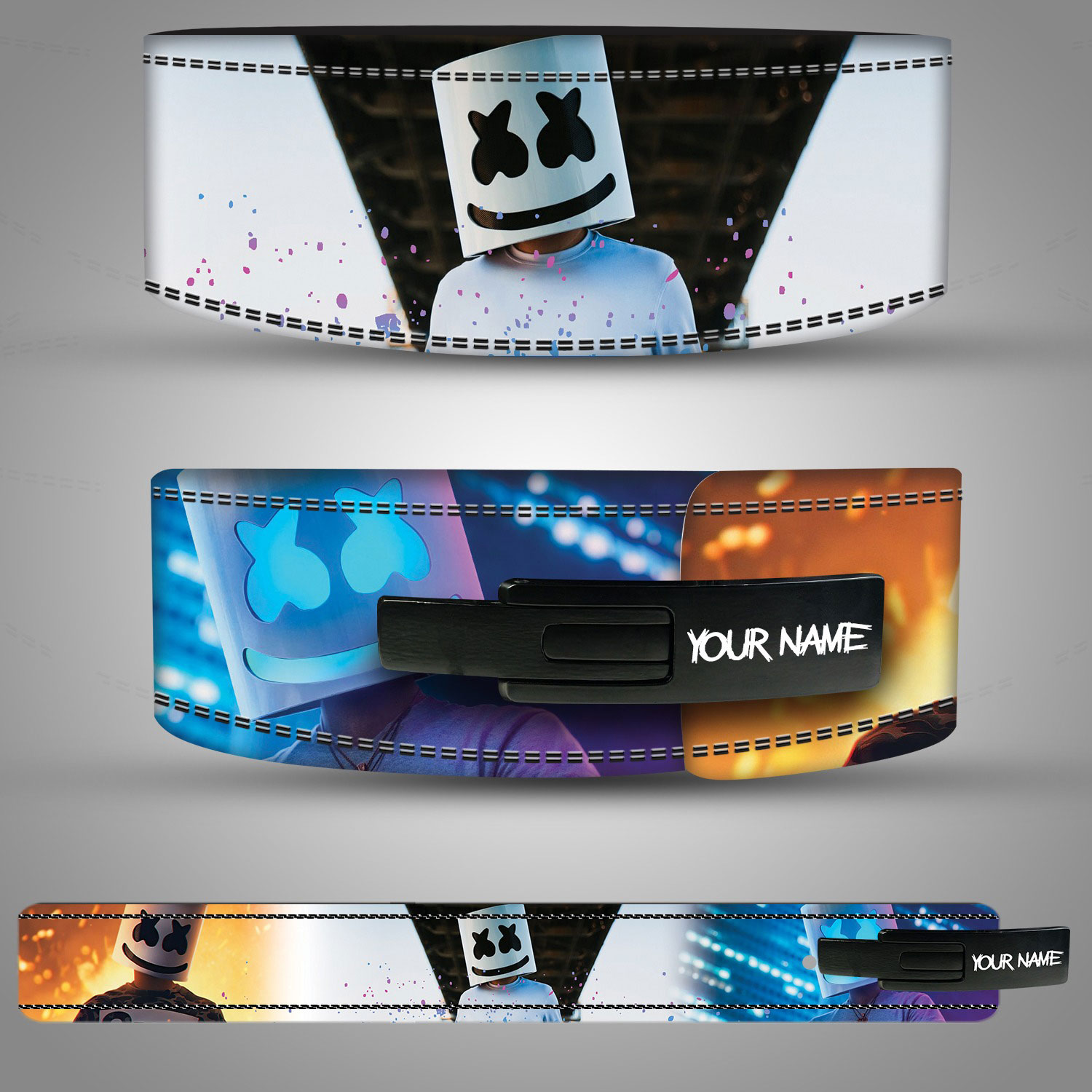 Marshmello lever weightlifting belt with colorful LED-inspired design.