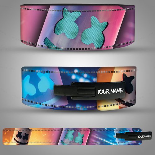 Leather weightlifting belt featuring Marshmello helmet design and secure lever buckle.